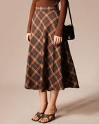 Brown Plaid A-Line Midi Skirt with Elastic Waist