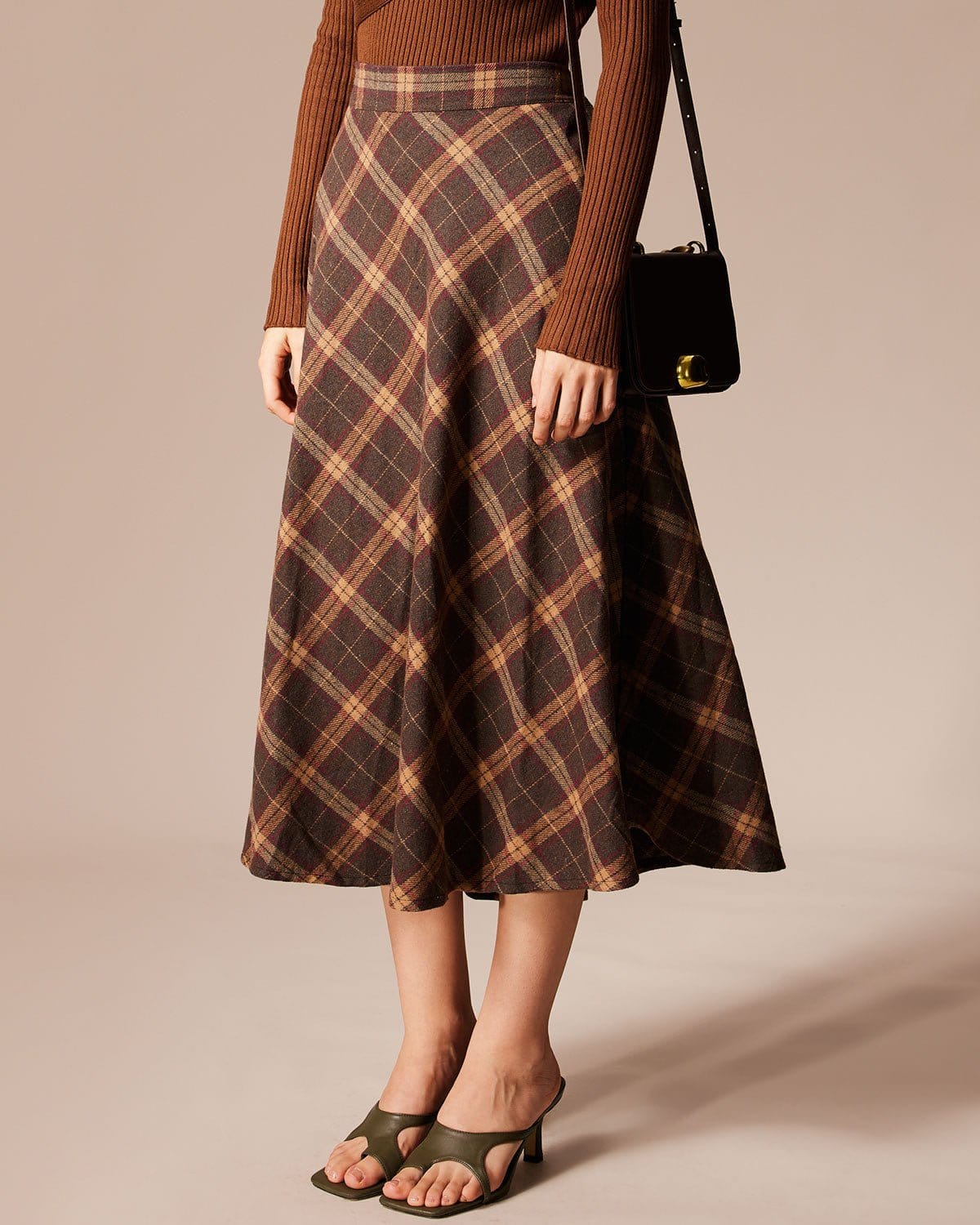 Brown Plaid A-Line Midi Skirt with Elastic Waist