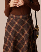 Brown Plaid A-Line Midi Skirt with Elastic Waist
