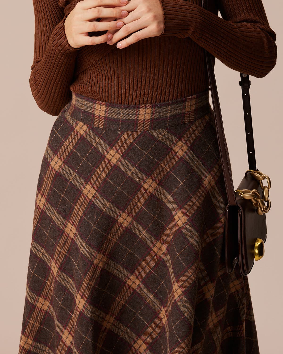 Brown Plaid A-Line Midi Skirt with Elastic Waist