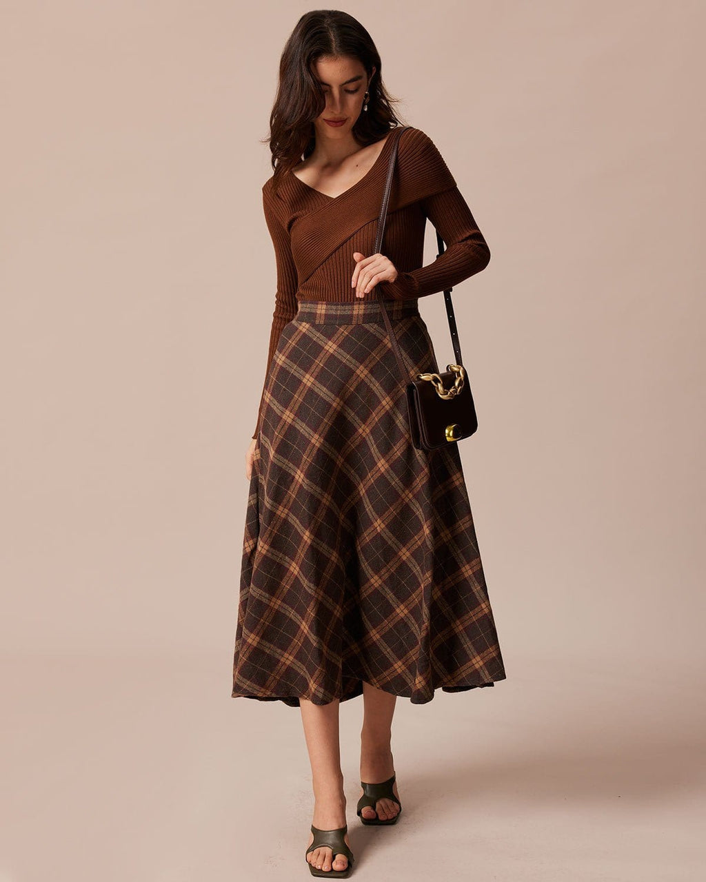 Brown Plaid A-Line Midi Skirt with Elastic Waist