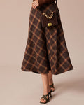 Brown Plaid A-Line Midi Skirt with Elastic Waist