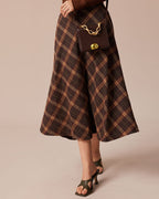 Brown Plaid A-Line Midi Skirt with Elastic Waist