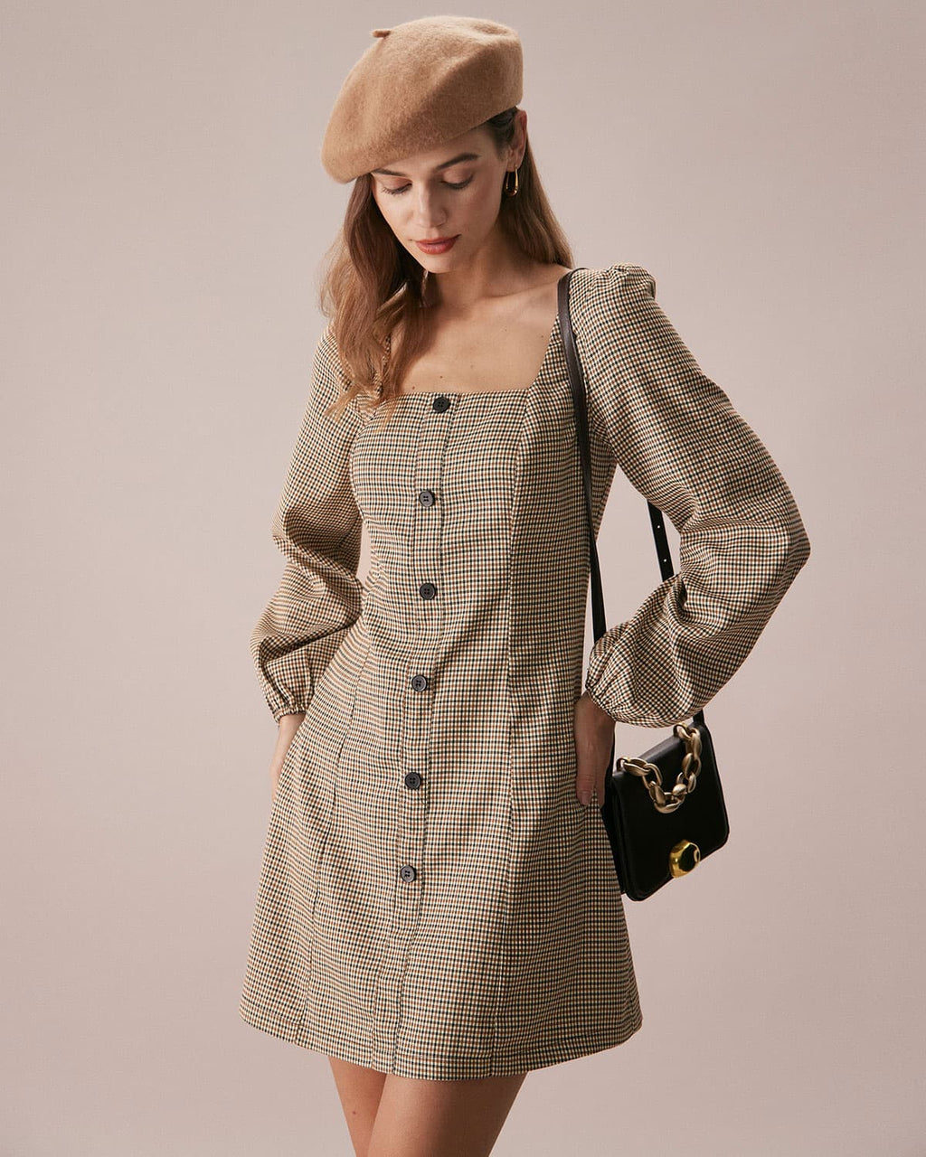 Khaki Plaid Button-Up Mini Dress with Square Neck