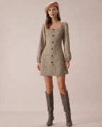 Khaki Plaid Button-Up Mini Dress with Square Neck
