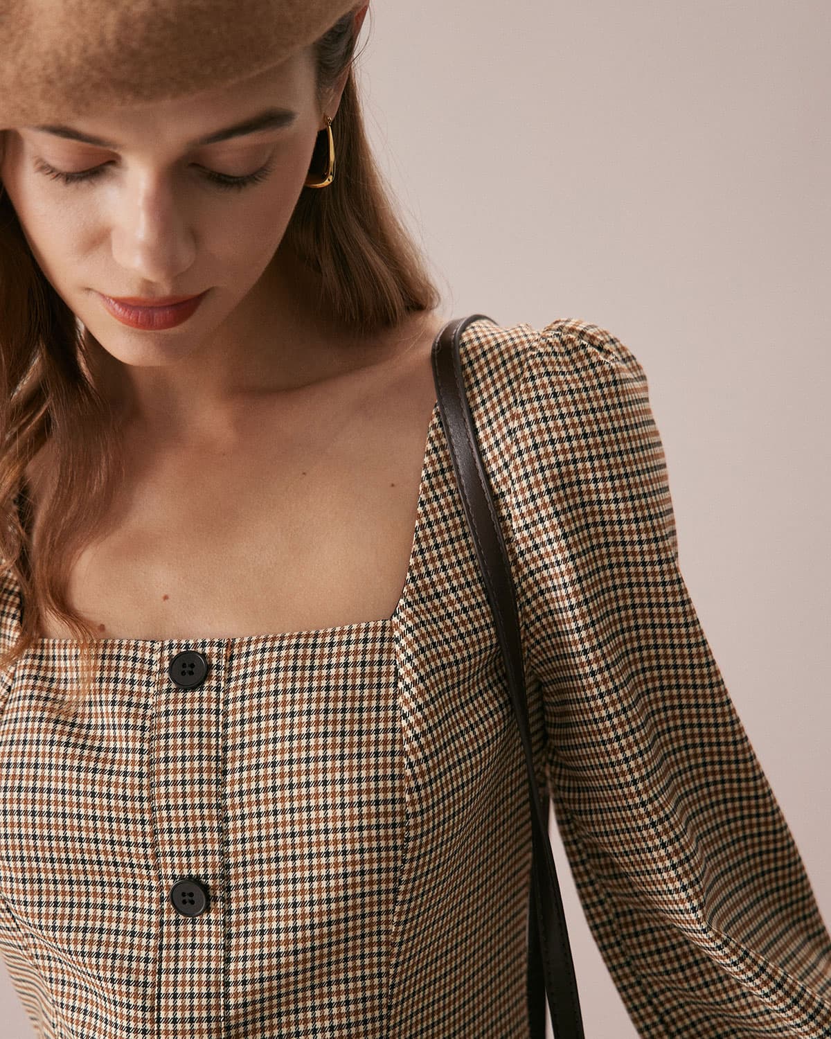Khaki Plaid Button-Up Mini Dress with Square Neck