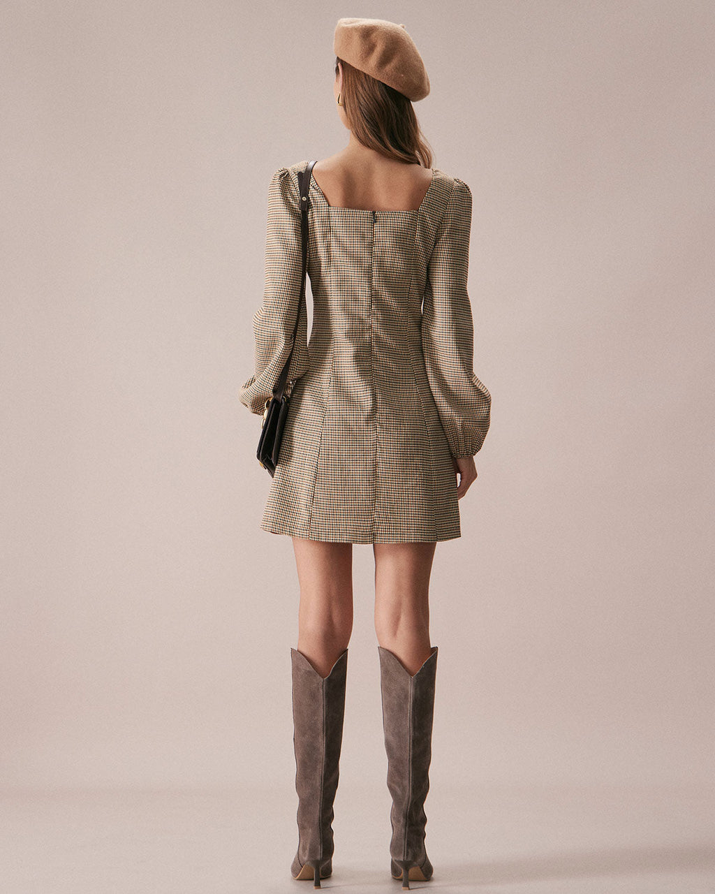 Khaki Plaid Button-Up Mini Dress with Square Neck