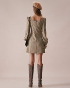 Khaki Plaid Button-Up Mini Dress with Square Neck