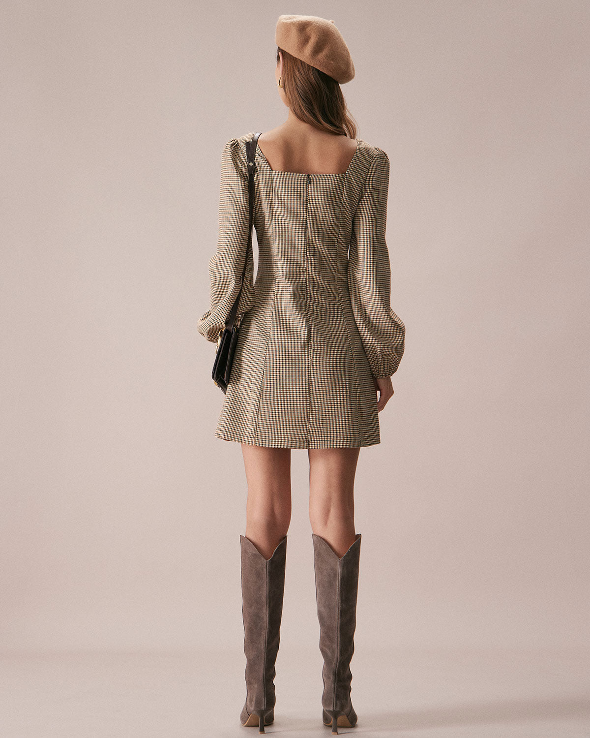 Khaki Plaid Button-Up Mini Dress with Square Neck
