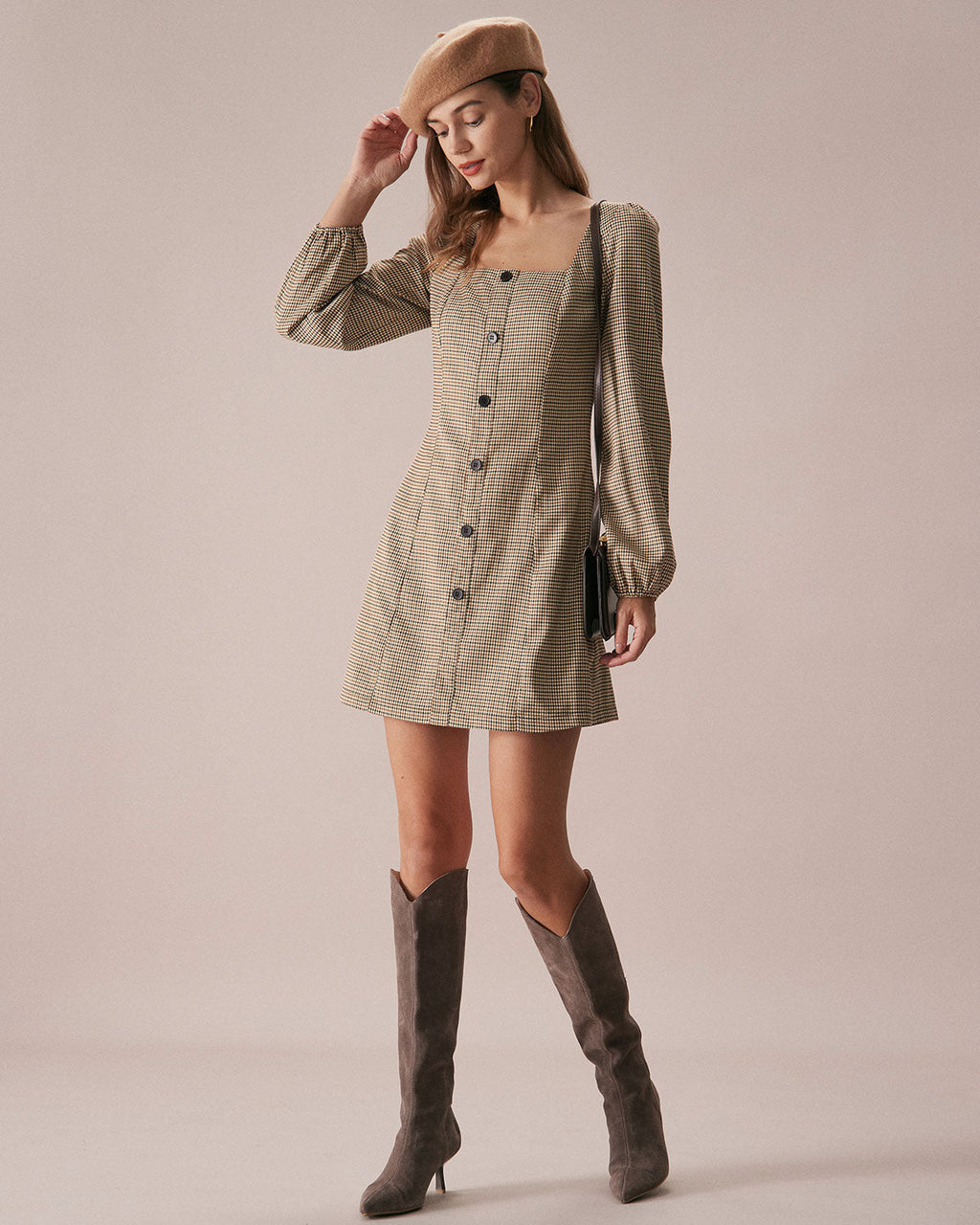 Khaki Plaid Button-Up Mini Dress with Square Neck
