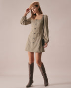 Khaki Plaid Button-Up Mini Dress with Square Neck