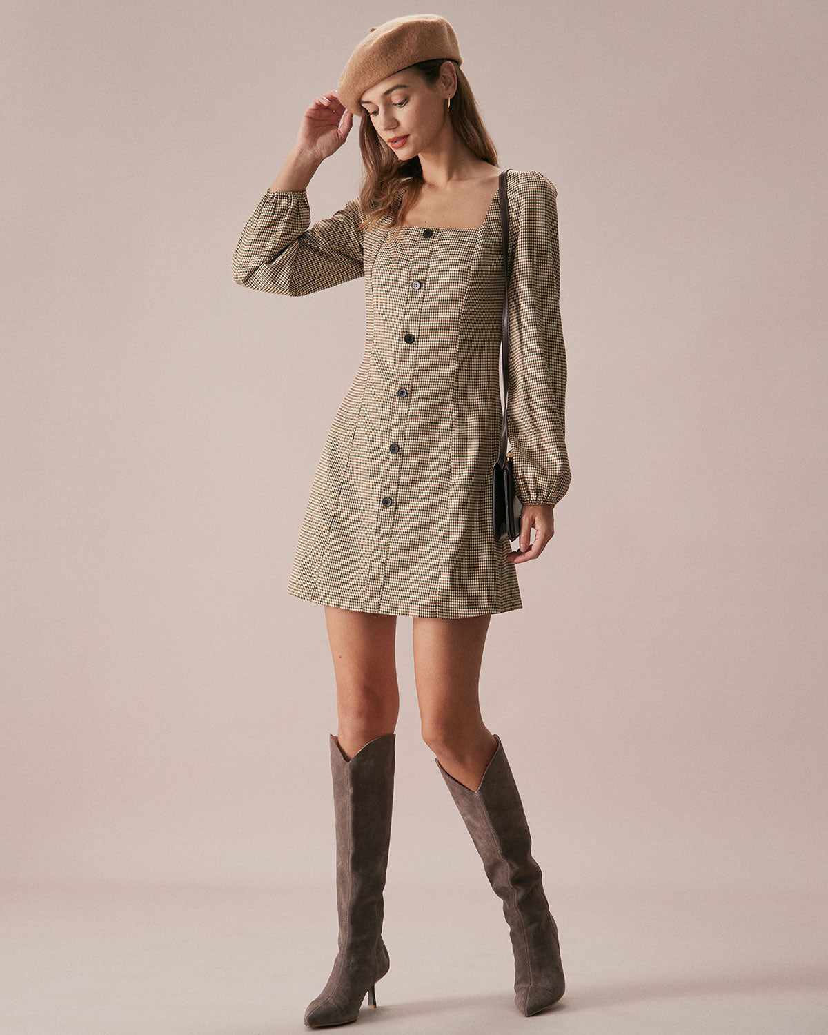 Khaki Plaid Button-Up Mini Dress with Square Neck