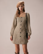 Khaki Plaid Button-Up Mini Dress with Square Neck