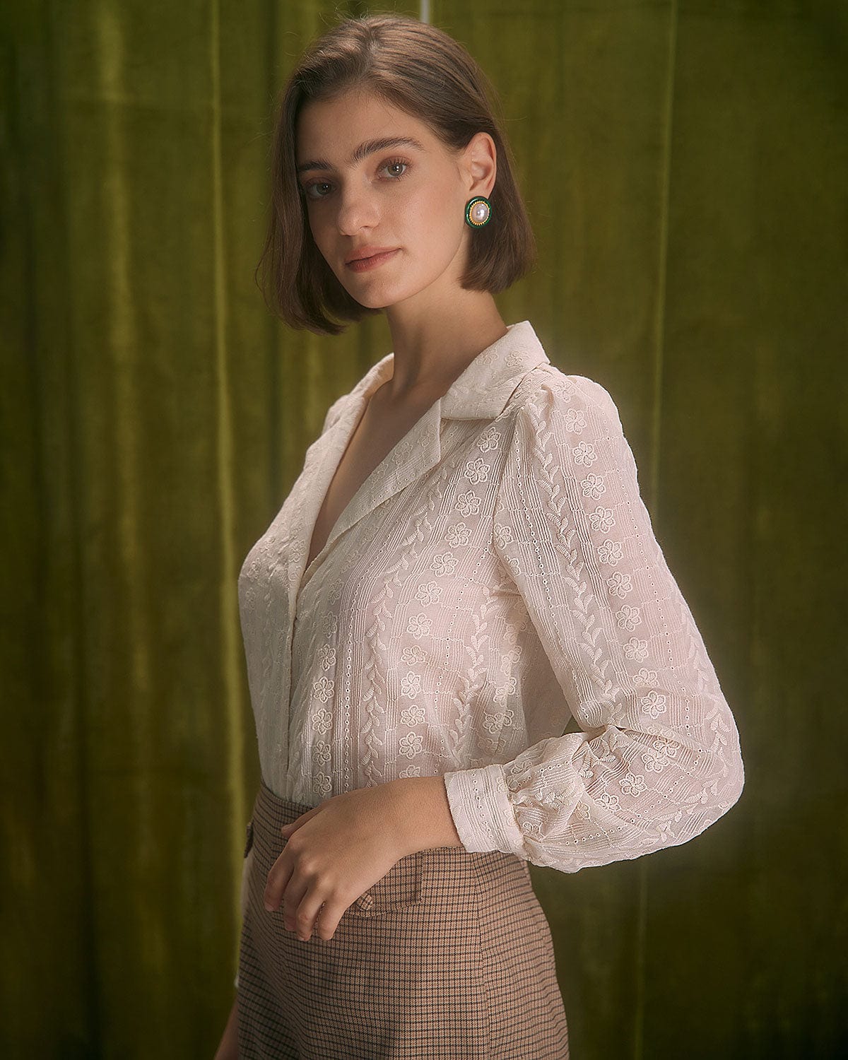 Apricot Floral Embroidered Lapel Blouse