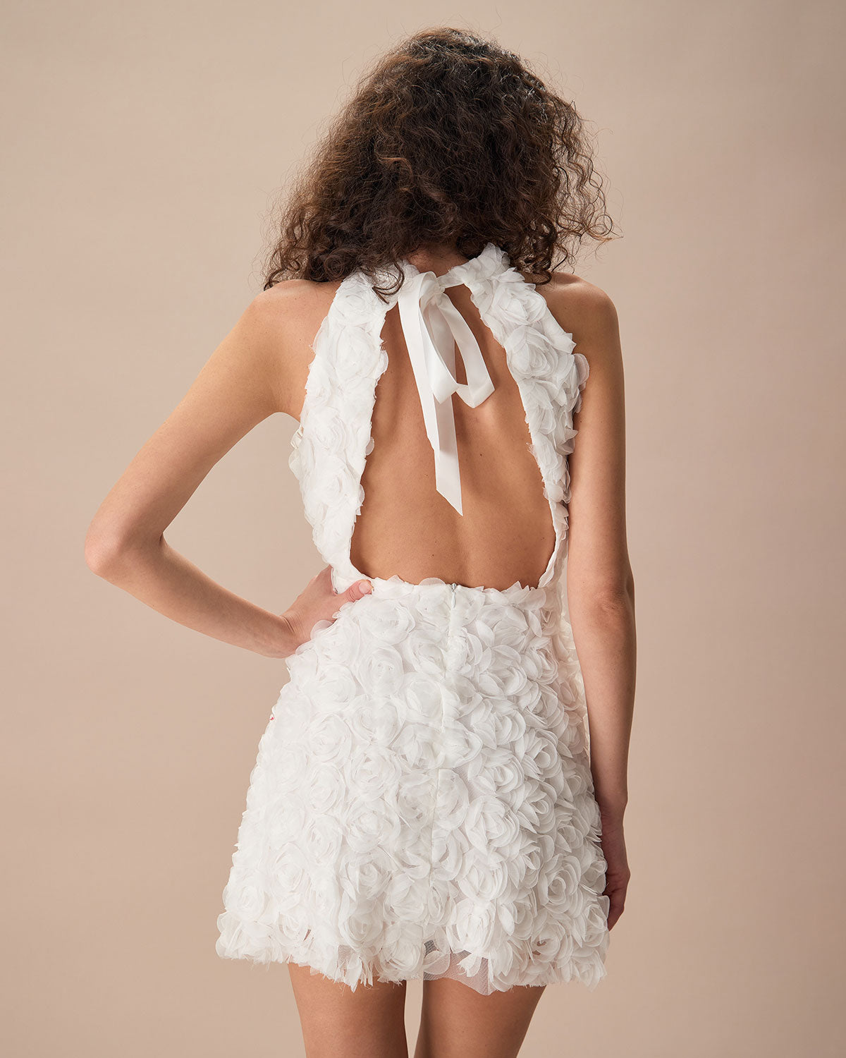 White Mock Neck Mini Dress with Tie-Back Detail