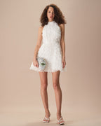 White Mock Neck Mini Dress with Tie-Back Detail