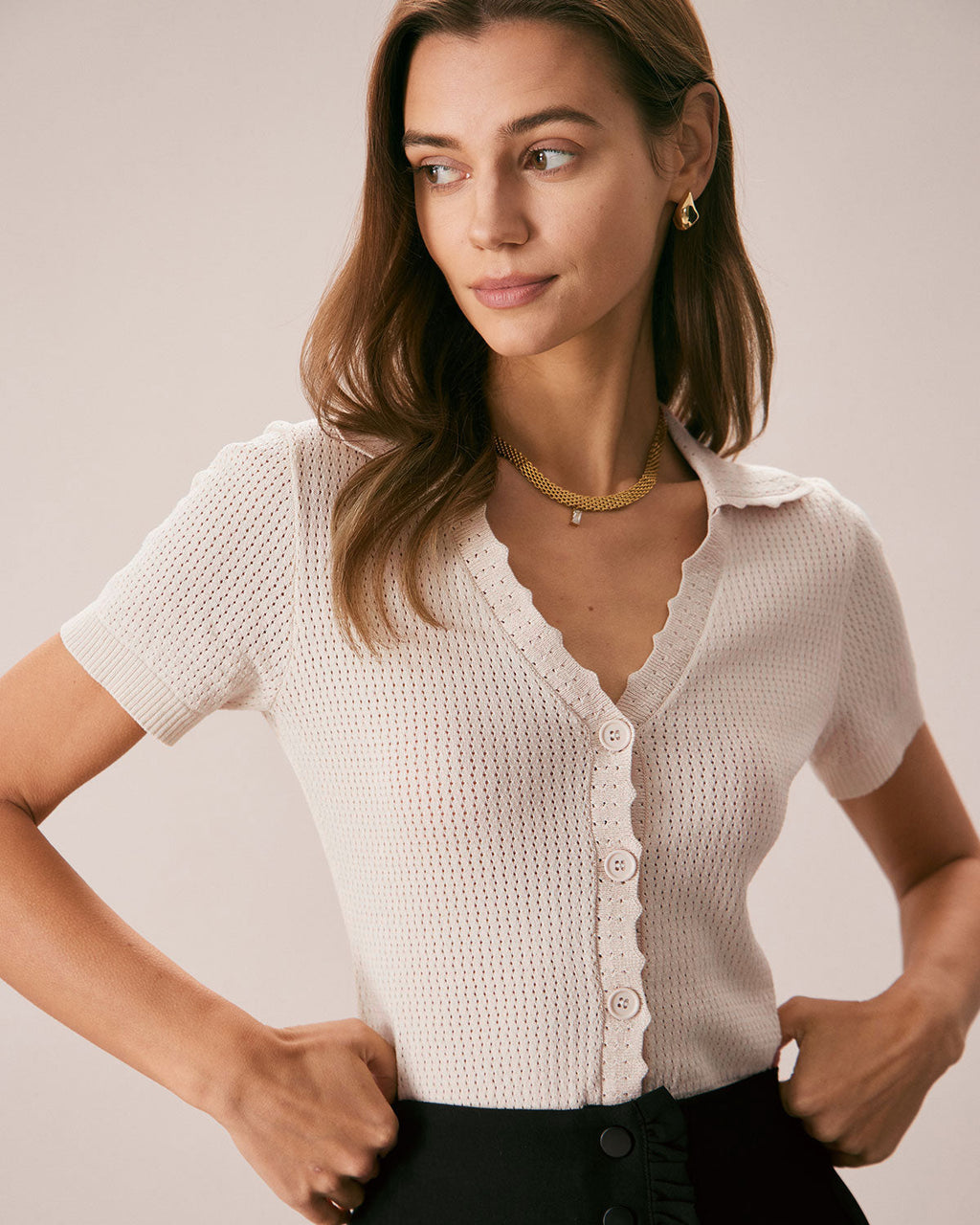 Nude V-Neck Pointelle Knit Tee with Button Details