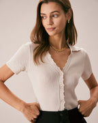 Nude V-Neck Pointelle Knit Tee with Button Details