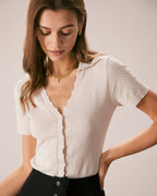 Nude V-Neck Pointelle Knit Tee with Button Details