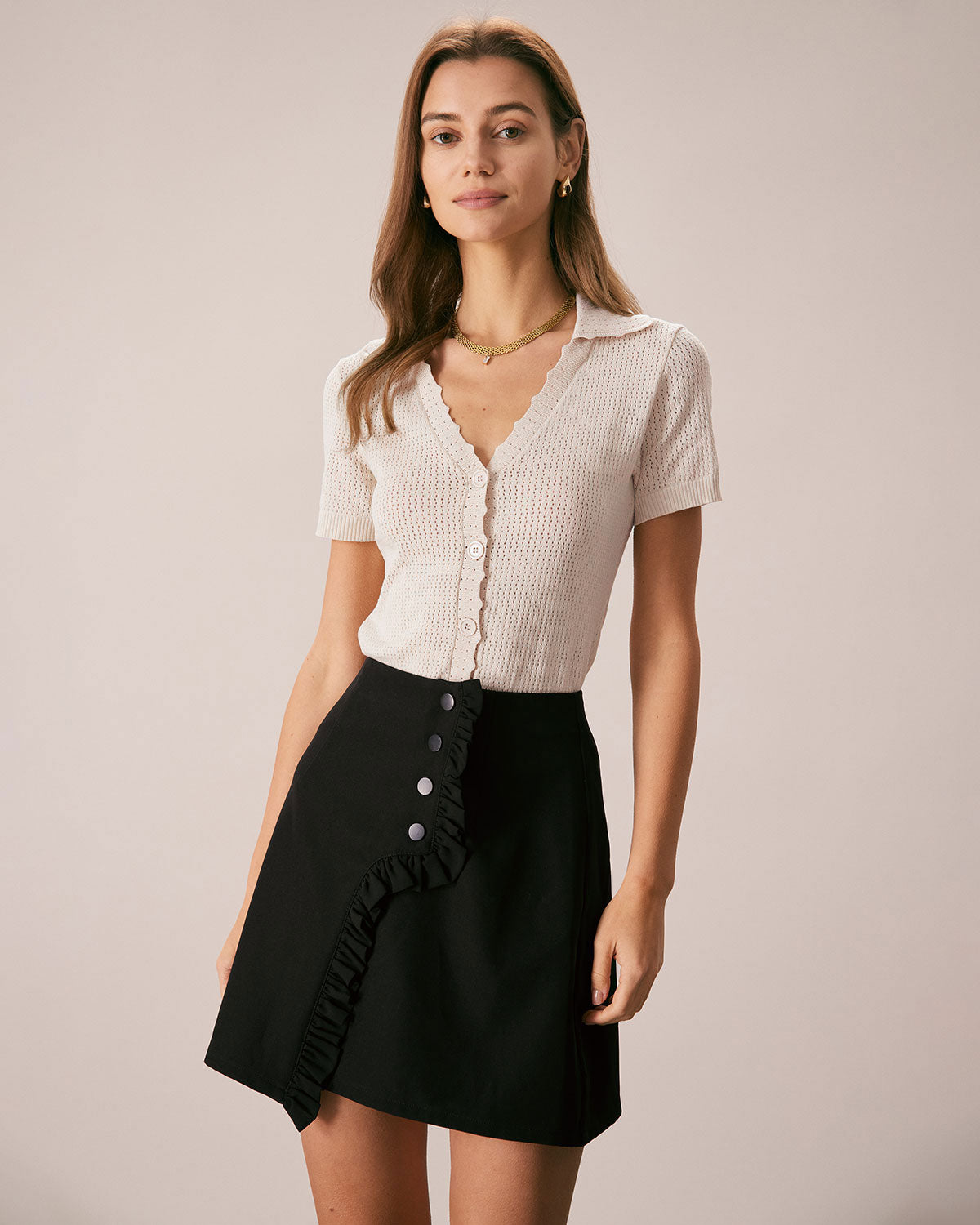 Nude V-Neck Pointelle Knit Tee with Button Details