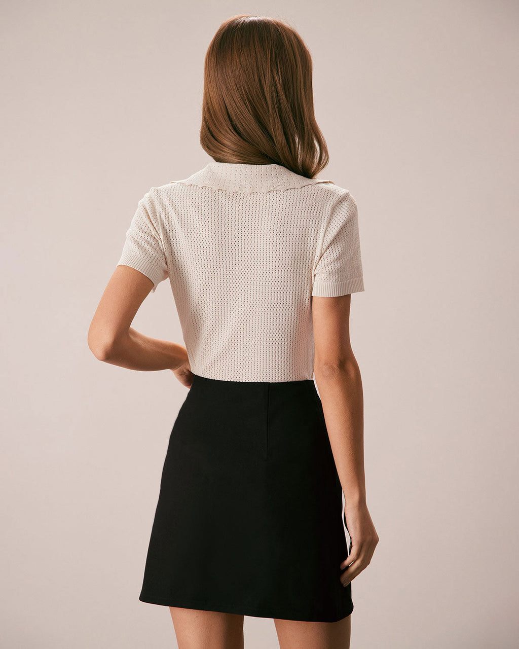 Nude V-Neck Pointelle Knit Tee with Button Details