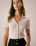 Nude V-Neck Pointelle Knit Tee with Button Details
