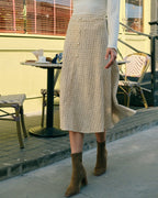 High-Waisted Tweed Skirt with Pearl Button Detail
