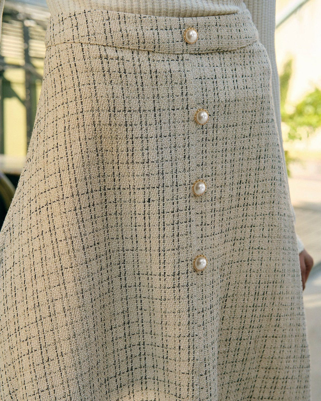 High-Waisted Tweed Skirt with Pearl Button Detail