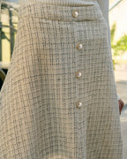 High-Waisted Tweed Skirt with Pearl Button Detail