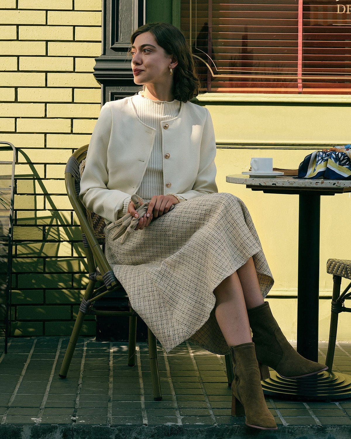 High-Waisted Tweed Skirt with Pearl Button Detail