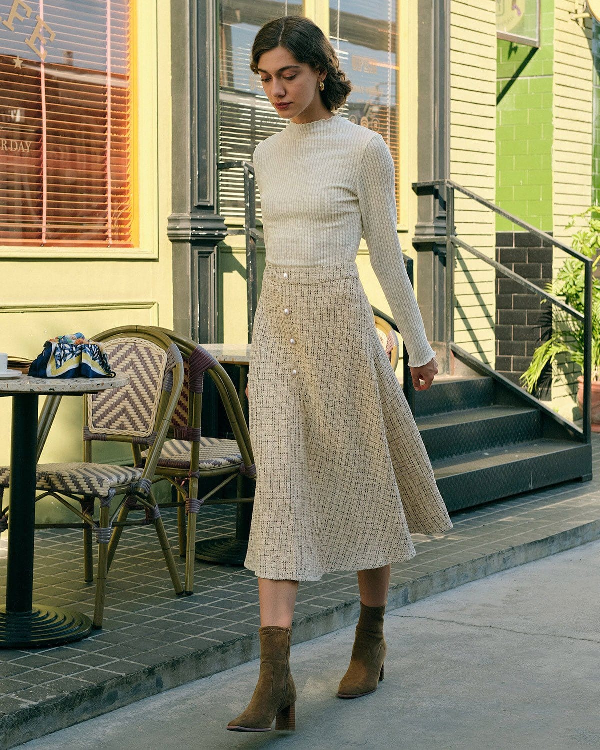 High-Waisted Tweed Skirt with Pearl Button Detail