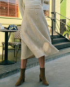 High-Waisted Tweed Skirt with Pearl Button Detail