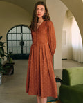 Brown Midi Dress with Polka Dot Pleats