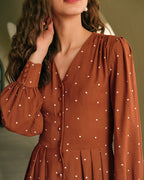 Brown Midi Dress with Polka Dot Pleats