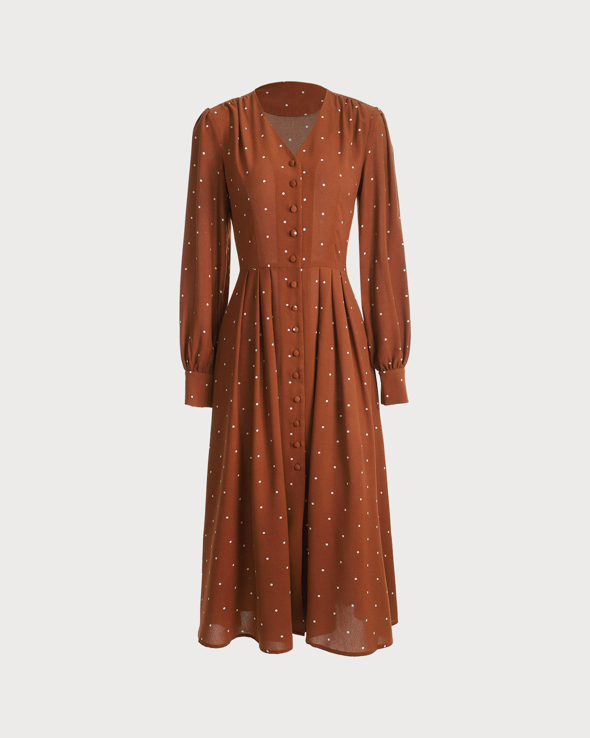 Brown Midi Dress with Polka Dot Pleats