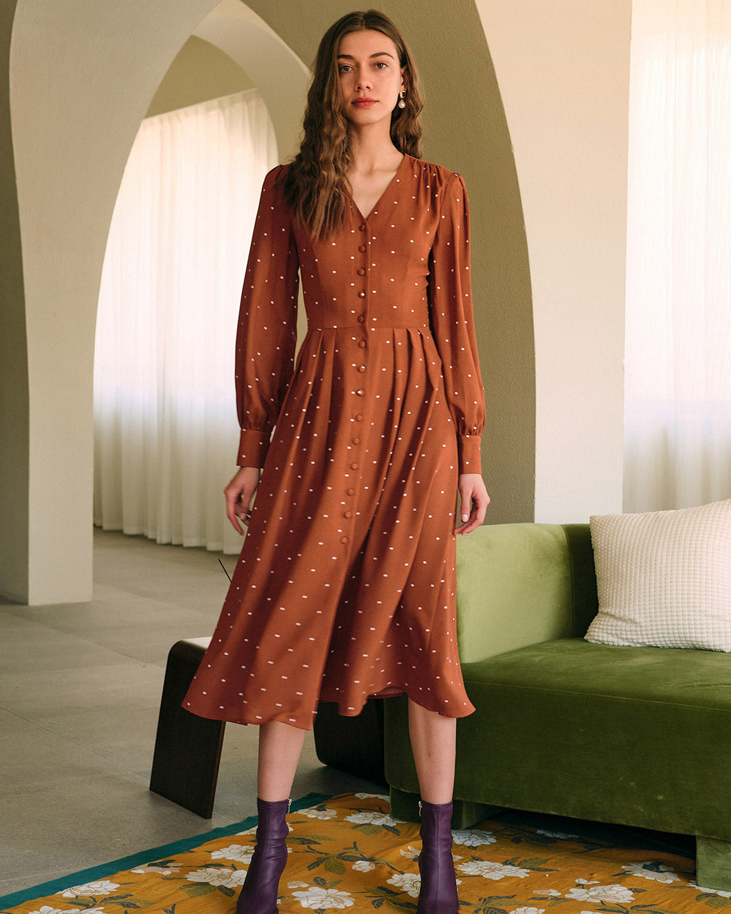 Brown Midi Dress with Polka Dot Pleats