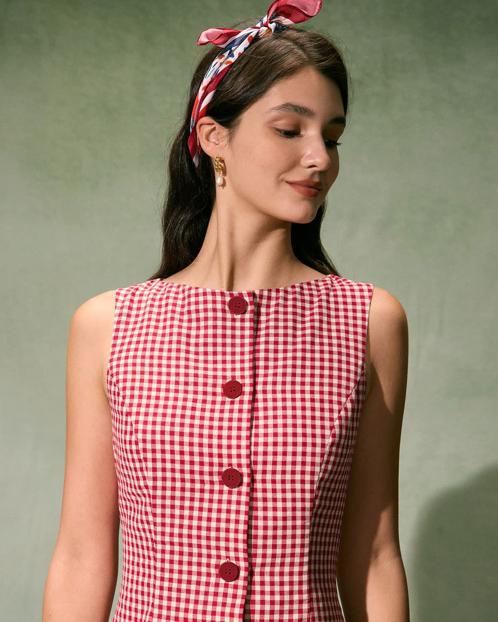 Red Plaid Mini Dress with Boat Neck