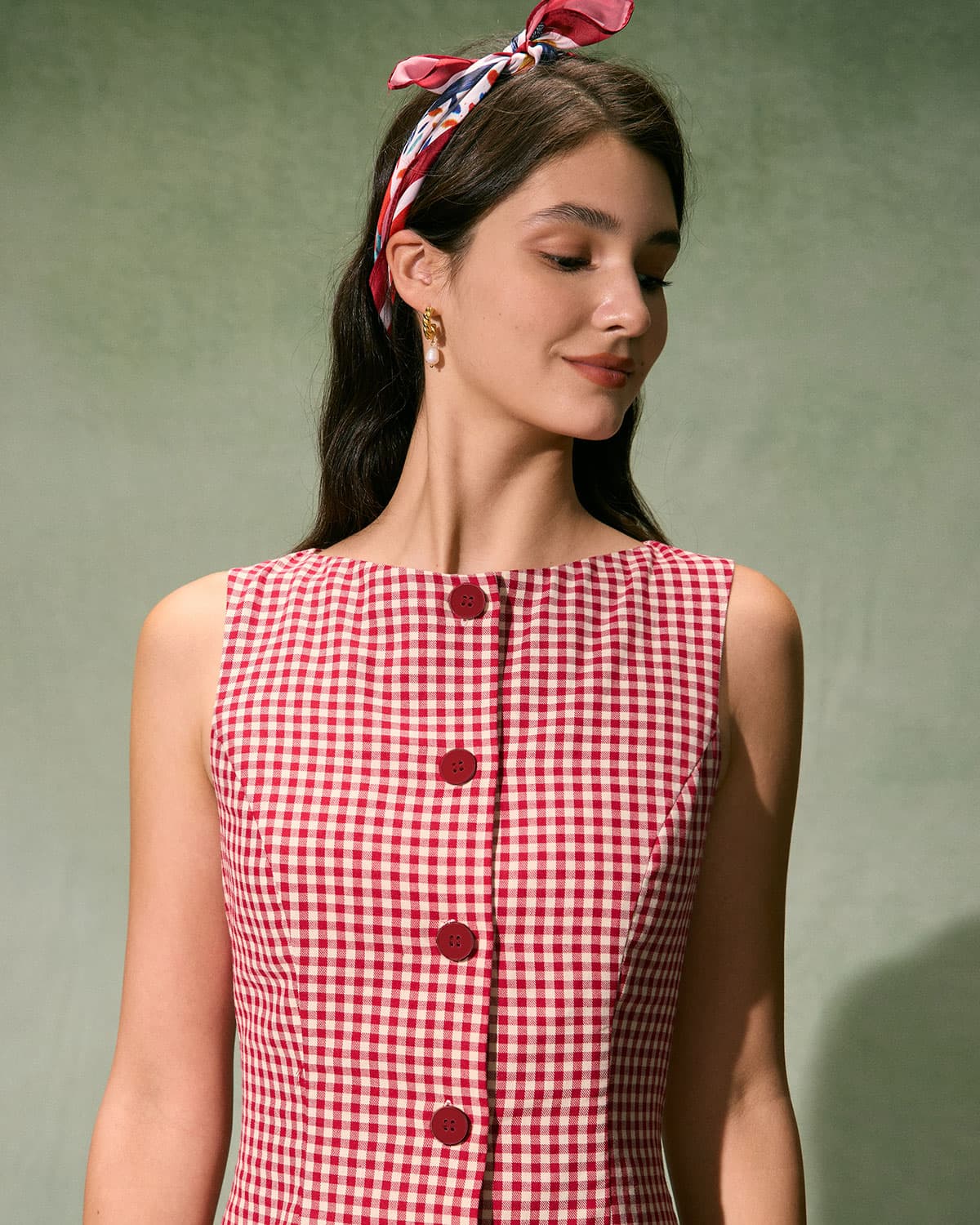 Red Plaid Mini Dress with Boat Neck