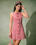 Red Plaid Mini Dress with Boat Neck