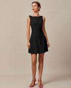 Black Boat Neck High-Waisted Mini Dress