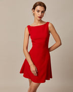 Red Boat Neck High-Waisted Mini Dress
