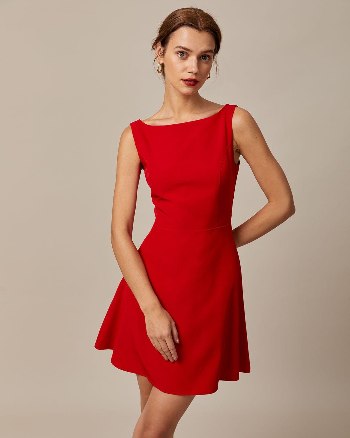 Red Boat Neck High-Waisted Mini Dress