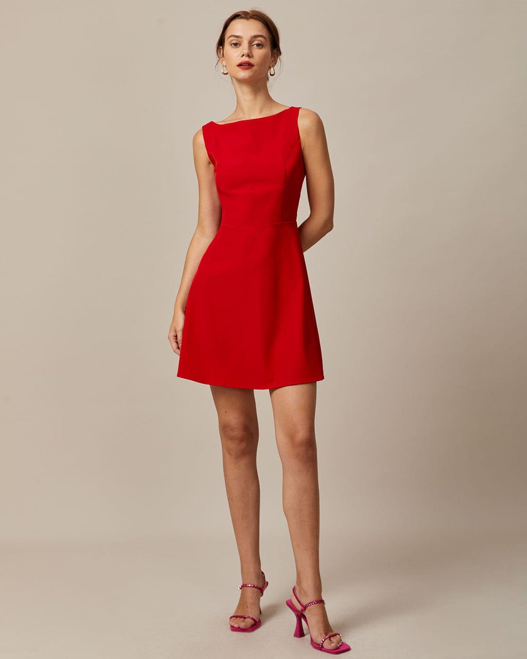 Red Boat Neck High-Waisted Mini Dress