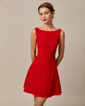 Red Boat Neck High-Waisted Mini Dress