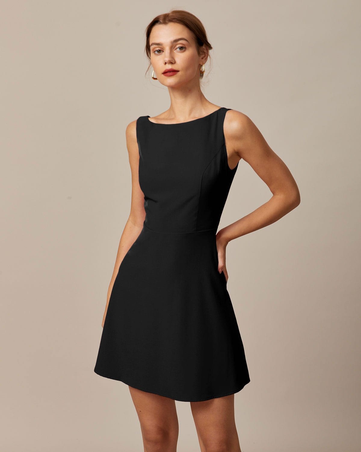 Black Boat Neck High-Waisted Mini Dress