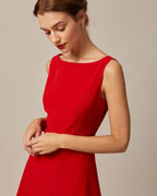 Red Boat Neck High-Waisted Mini Dress