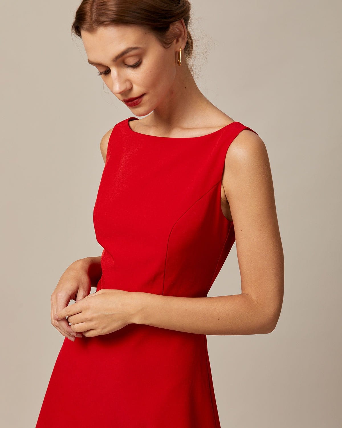 Red Boat Neck High-Waisted Mini Dress