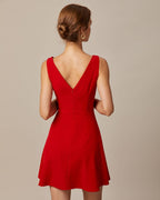Red Boat Neck High-Waisted Mini Dress