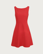Red Boat Neck High-Waisted Mini Dress