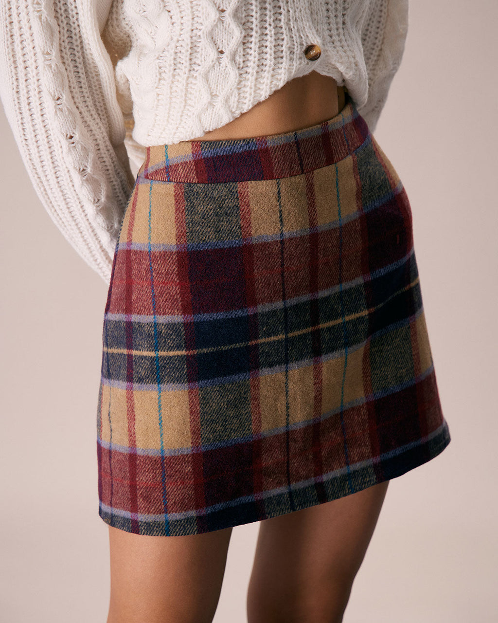 Red Plaid Tweed Mini Skirt with Zipper Fly